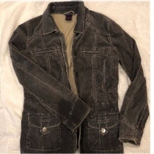 Distressed gray corduroy jacket . Lots of great tailoring through this jacket. F